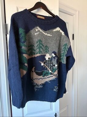 Men's Crewneck Scenic Knit Sweater - Navy Blue